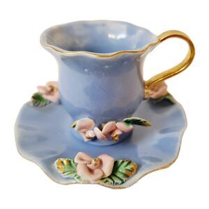 Arnart Japan Vintage Blue Porcelain Teacup Saucer Pink Roses Gold Cottagecore